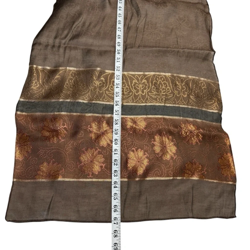 100% Silk Scarf Embroidered Brown Floral Scarf 67x21 Thanksgiving Preppy Fall